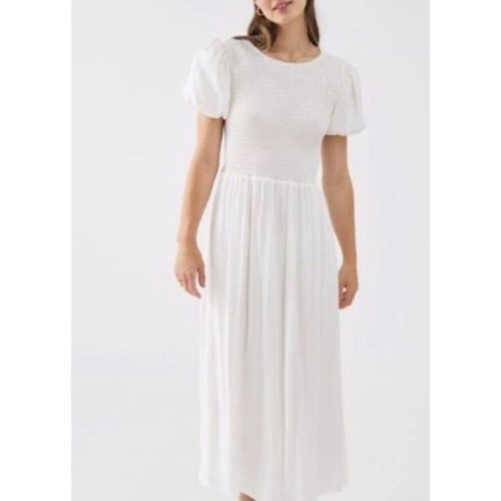 Glamorous Women Midi Dress Ivory Puff Sleeve Strappy Preppy Smocked Medium NWT